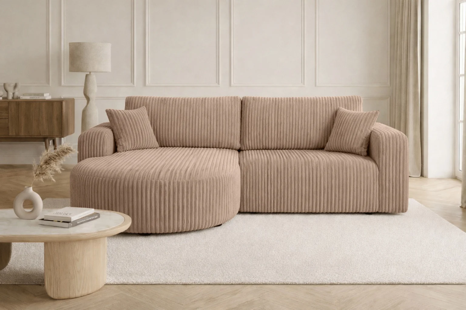 Ecksofa mit Schlaffunktion für Wohnzimmer, Cordstoff Tilia, ROUND ONE