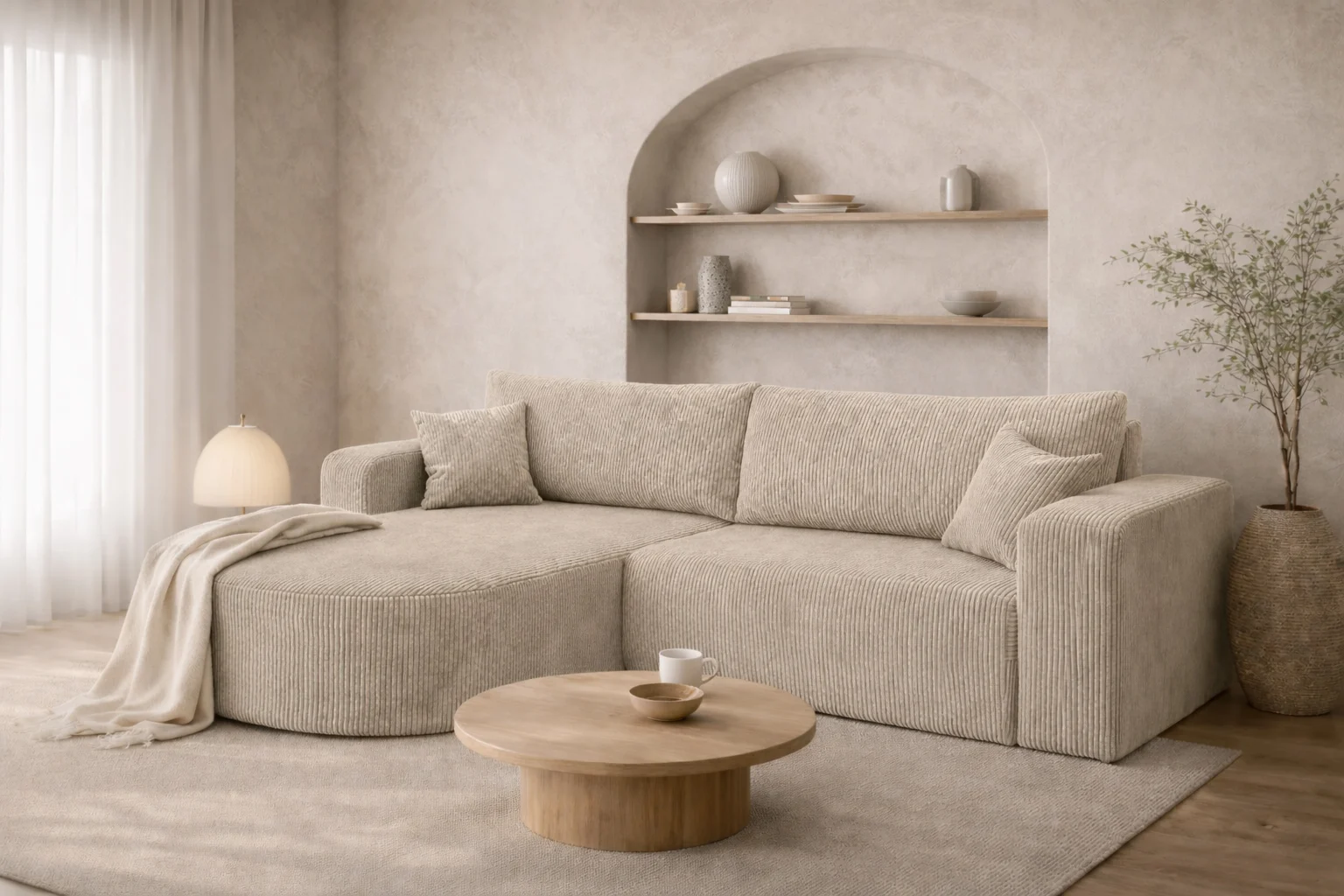 Ecksofa mit Schlaffunktion für Wohnzimmer, Cordstoff Poso, ROUND ONE