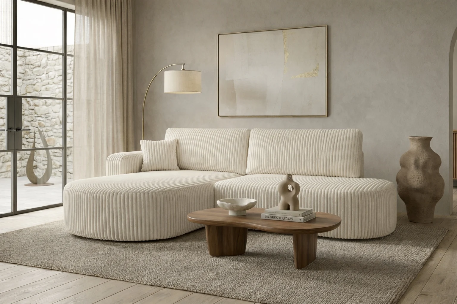 Ecksofa, Sofa mit Schlaffunktion und Bettkasten, Cordstoff Tilia, ROUND ONE OPEN XL