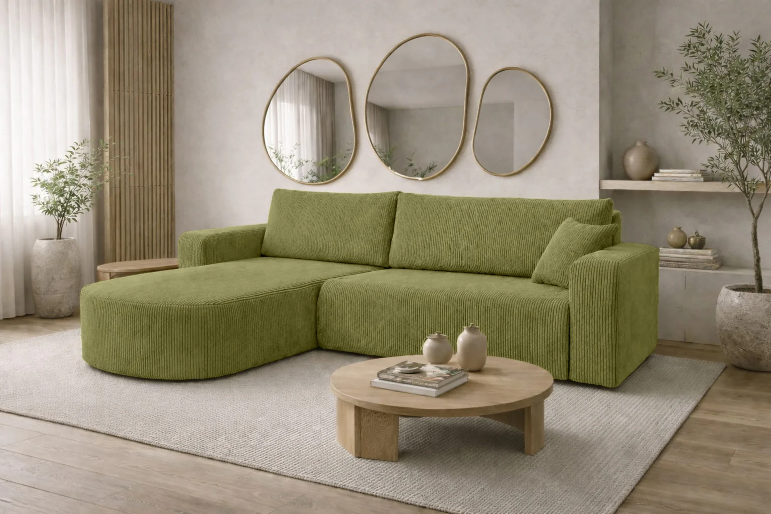 Ecksofa mit Schlaffunktion für Wohnzimmer, Cordstoff Poso, ROUND ONE XL