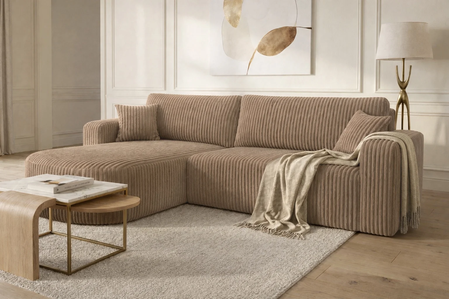 Ecksofa mit Schlaffunktion für Wohnzimmer, Cordstoff Tilia, ROUND ONE XL