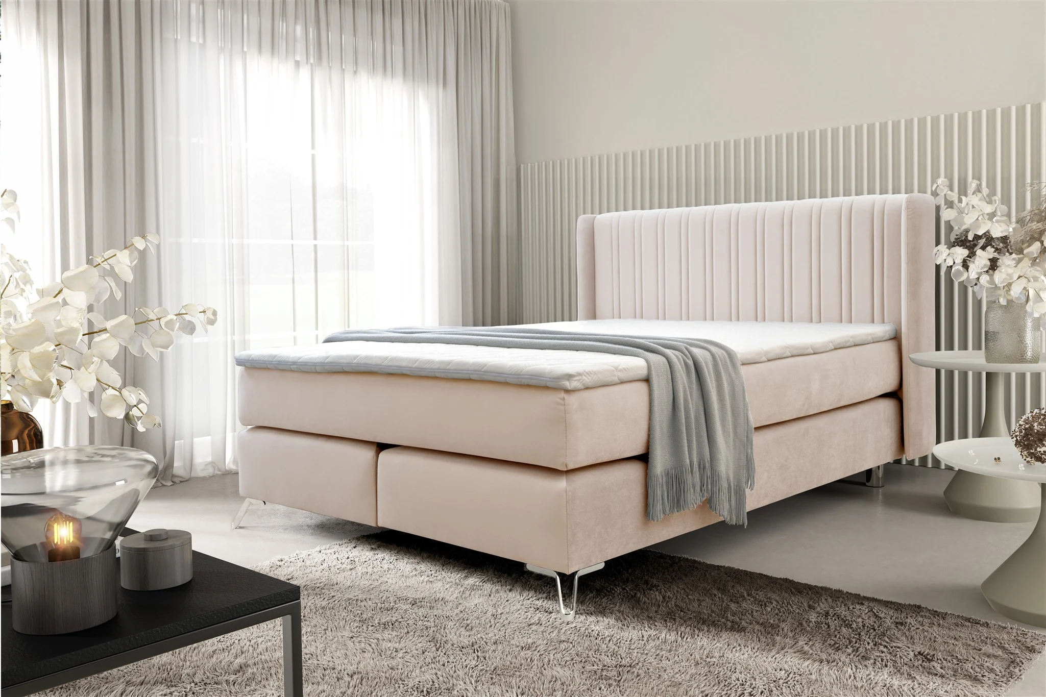 Boxspringbett Schlafzimmerbett AGNUS 120x200cm in Stoff Salvador Creme - Fun Möbel