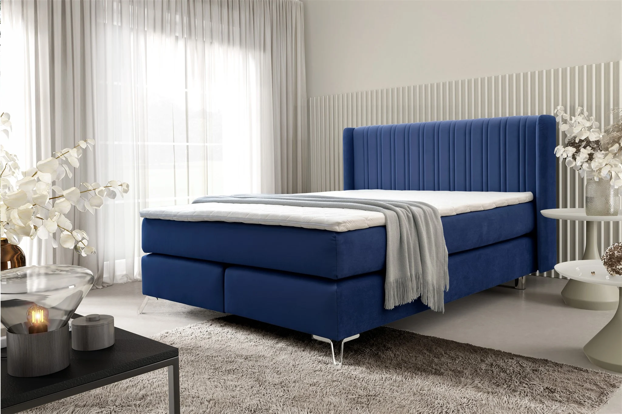 Boxspringbett Schlafzimmerbett AGNUS 120x200cm in Stoff Salvador Blau - Fun Möbel