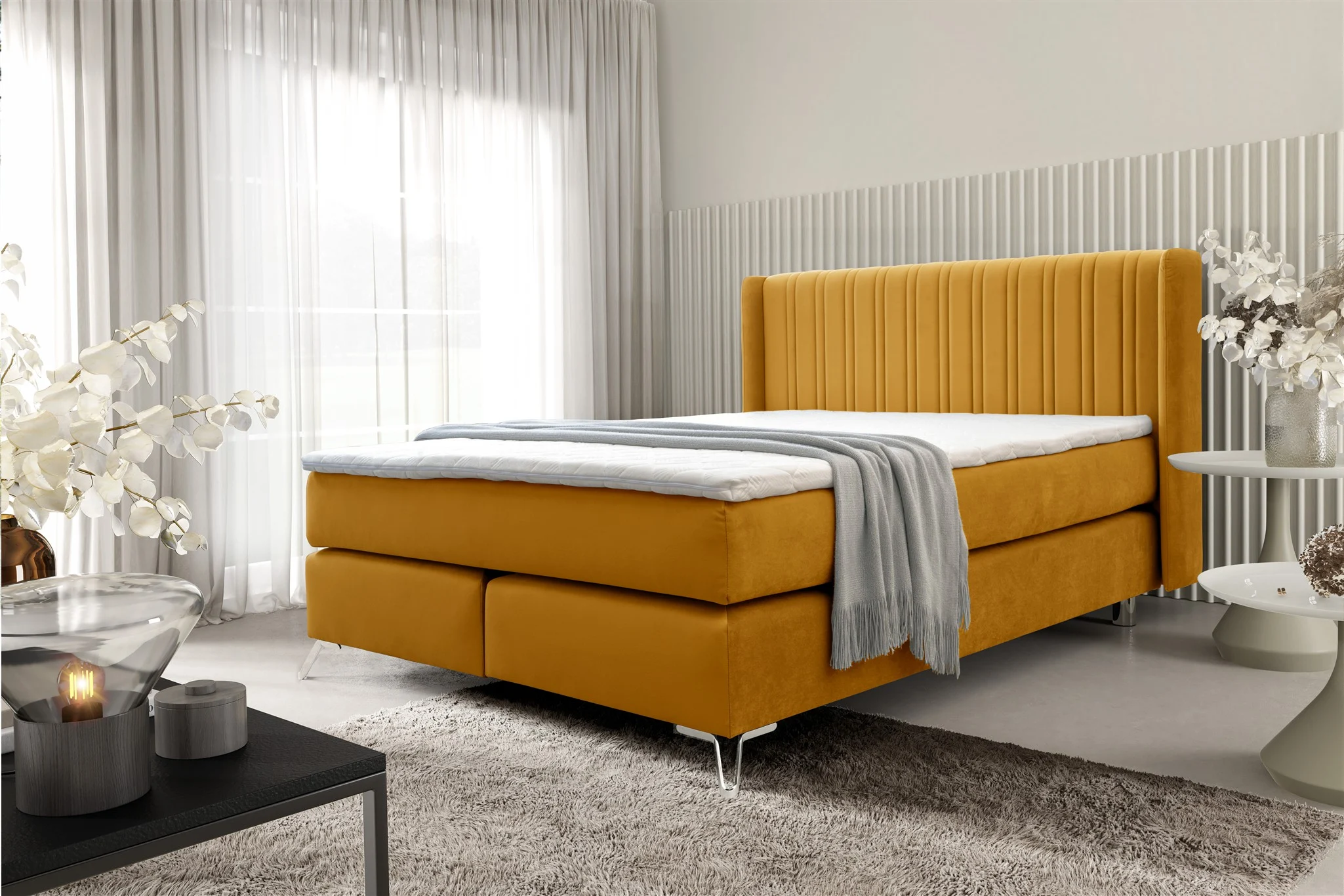 Boxspringbett Schlafzimmerbett AGNUS 120x200cm in Stoff Salvador Honiggelb - Fun Möbel
