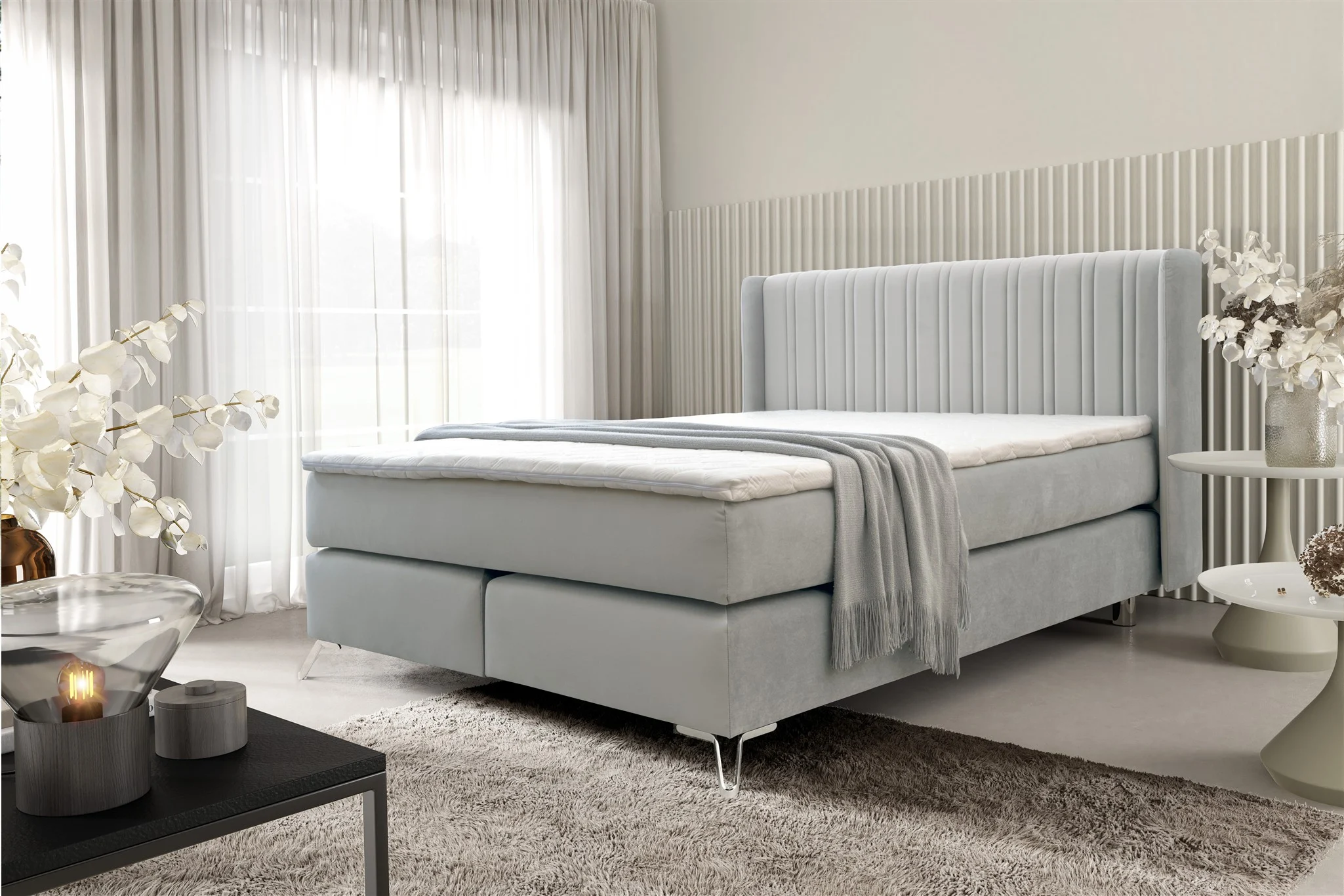 Boxspringbett Schlafzimmerbett AGNUS 160x200cm in Stoff Salvador Hellgrau - Fun Möbel