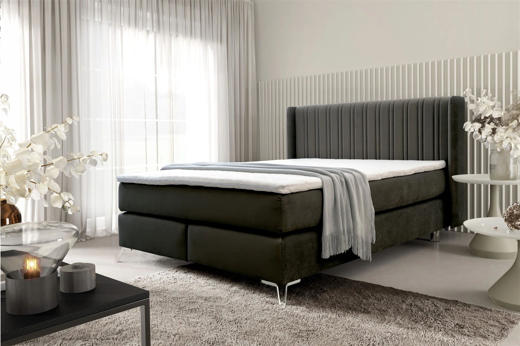 Boxspringbett Schlafzimmerbett AGNUS 140x200cm in Stoff Salvador Schwarz - Fun Möbel