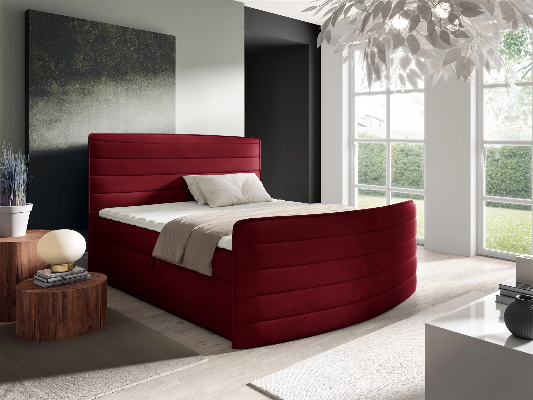 Boxspringbett Schlafzimmerbett AMBRA 140x200cm Stoff Elisa Velvet Bordeauxrot - Fun Möbel