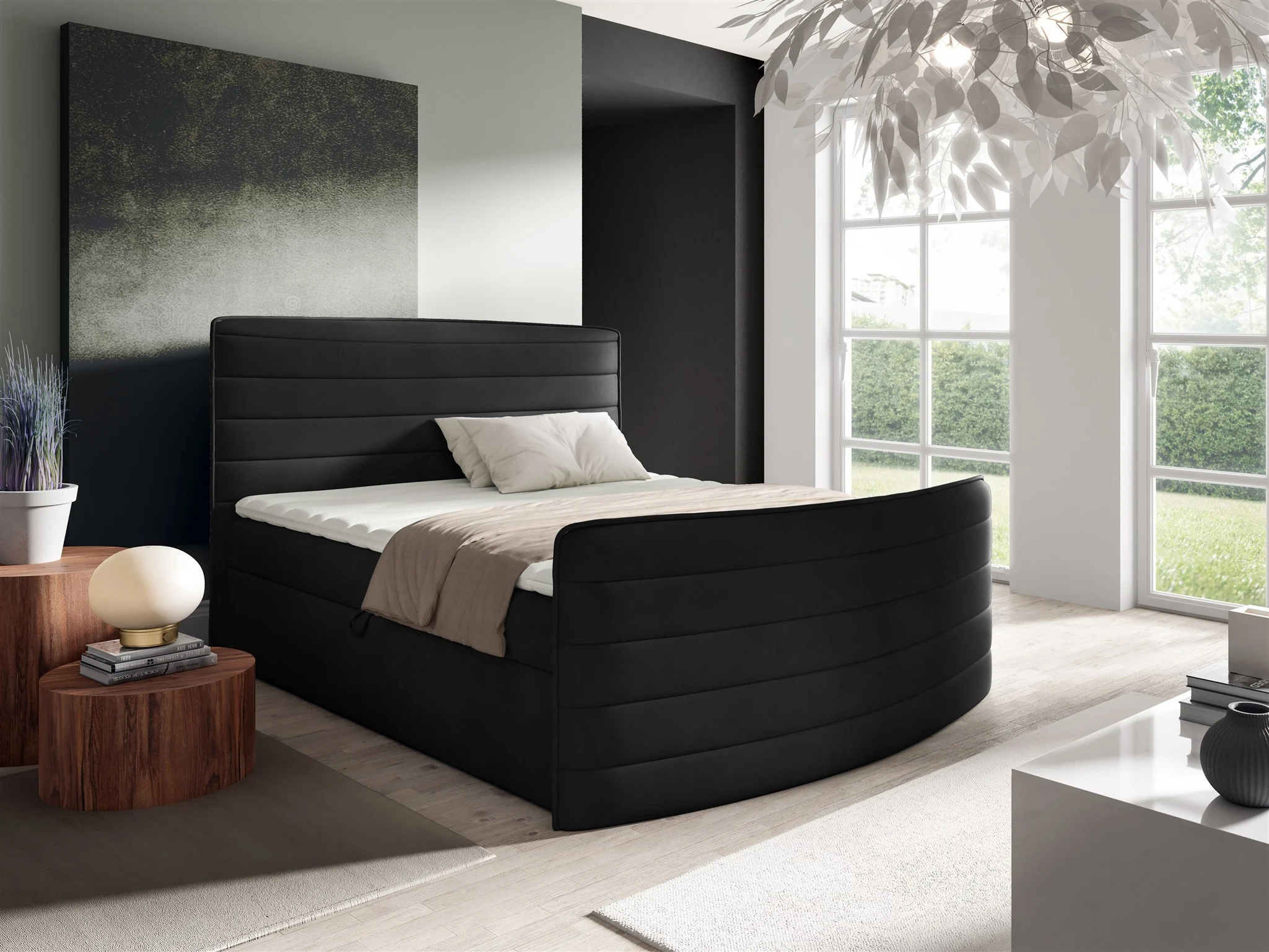 Boxspringbett Schlafzimmerbett AMBRA 140x200cm Stoff Elisa Velvet Schwarz - Fun Möbel