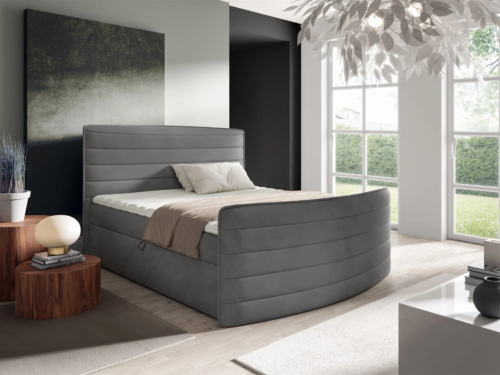 Boxspringbett Schlafzimmerbett AMBRA 140x200cm Stoff Elisa Velvet Dunkelgrau - Fun Möbel