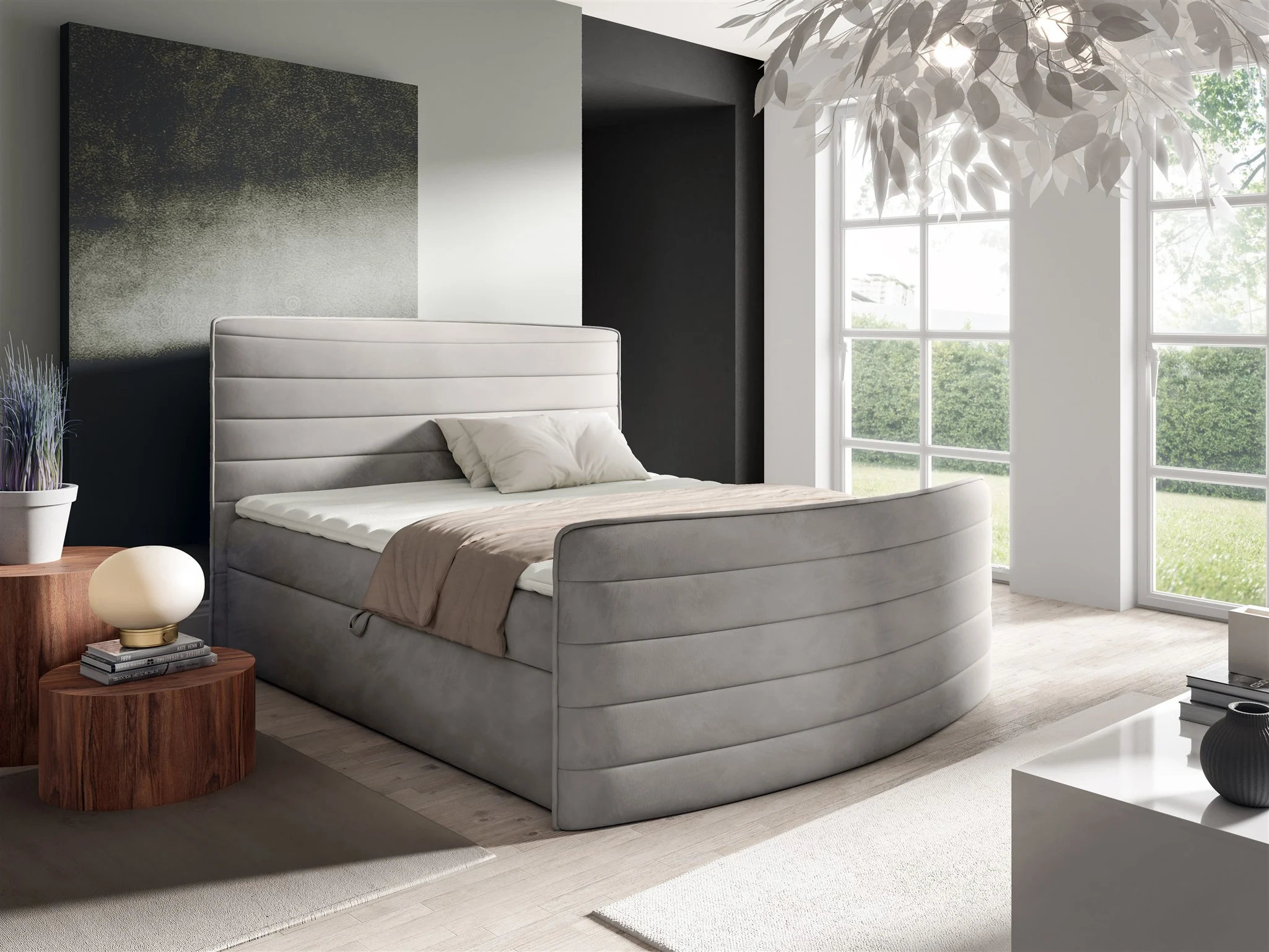 Boxspringbett Schlafzimmerbett AMBRA 120x200cm Stoff Elisa Velvet Hellgrau - Fun Möbel