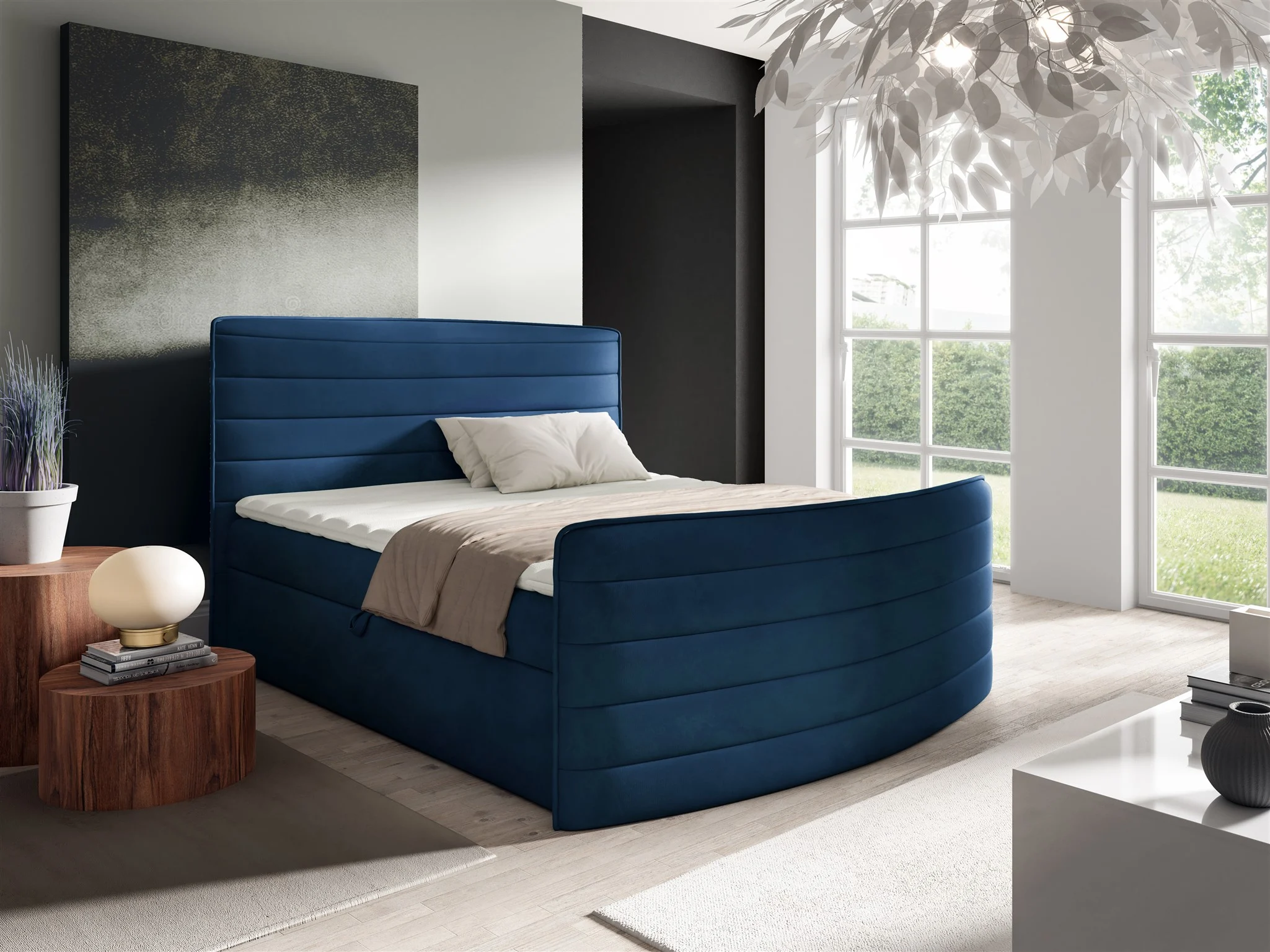 Boxspringbett Schlafzimmerbett AMBRA 120x200cm Stoff Elisa Velvet Dunkelblau - Fun Möbel