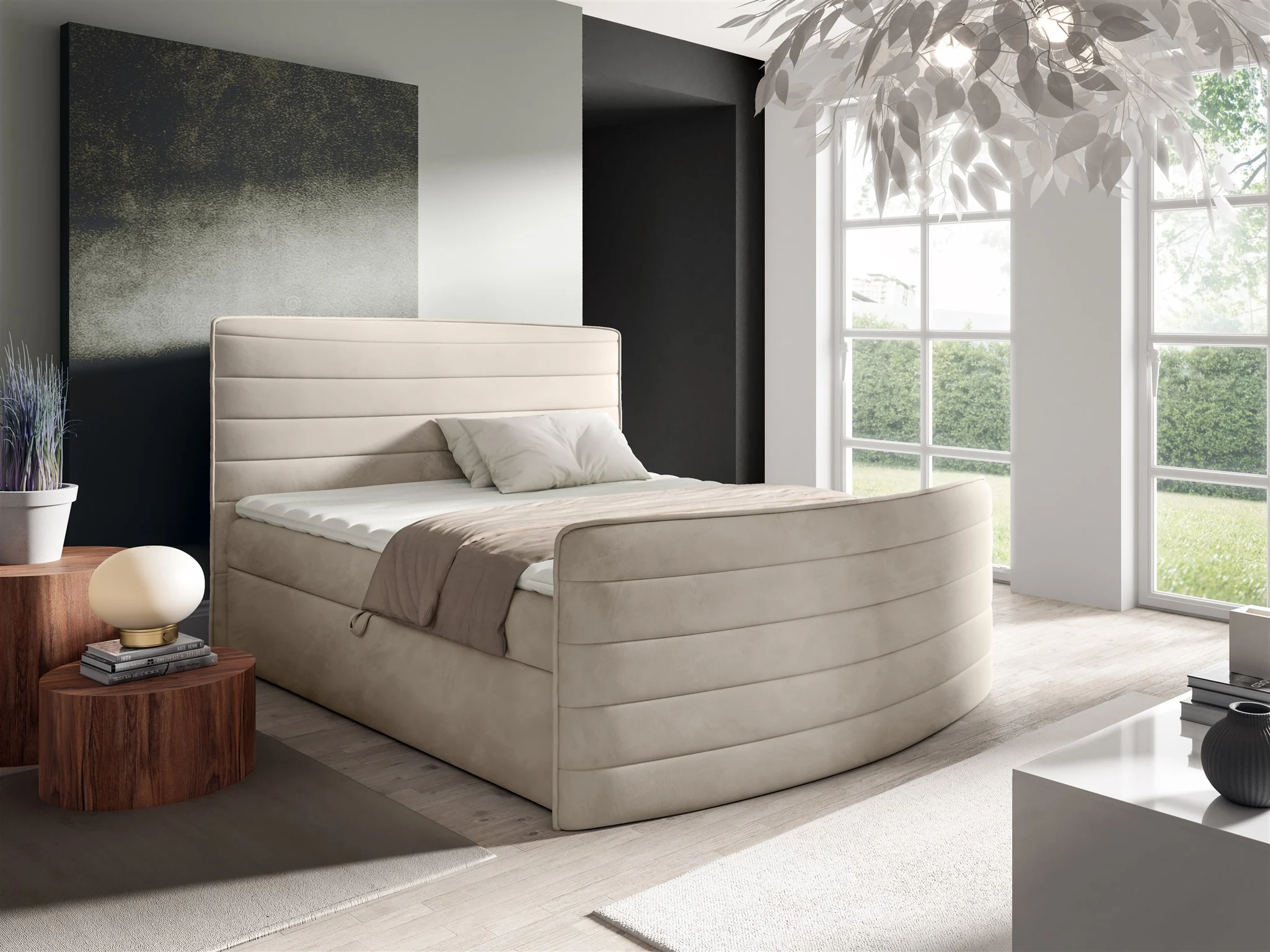 Boxspringbett Schlafzimmerbett AMBRA 120x200cm Stoff Elisa Velvet Beige - Fun Möbel