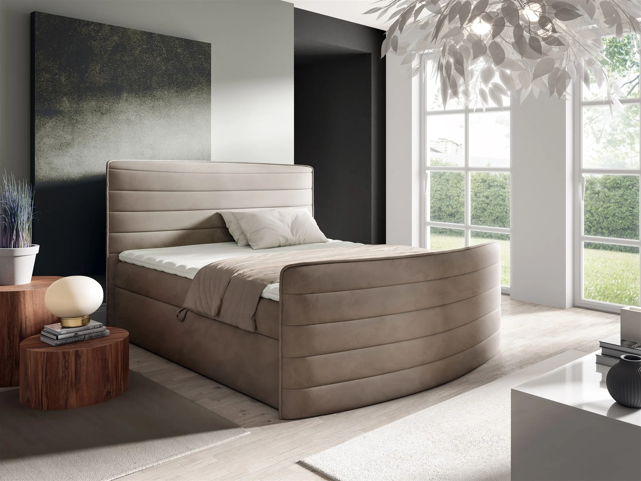 Boxspringbett Schlafzimmerbett AMBRA 140x200cm Stoff Elisa Velvet Cappuccino - Fun Möbel