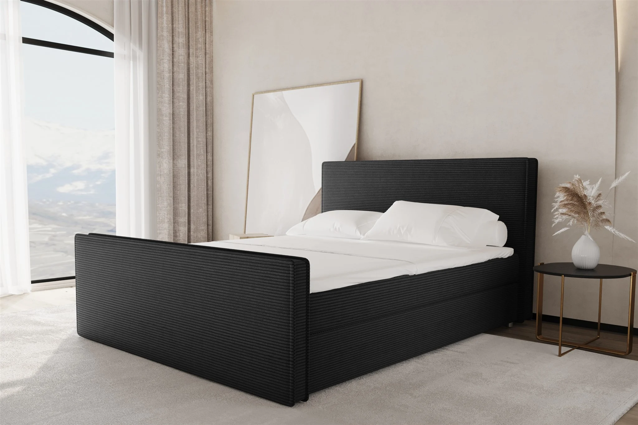 Boxspringbett Schlafzimmerbett CELES 120x200cm Stoff Poso Schwarz - Fun Möbel