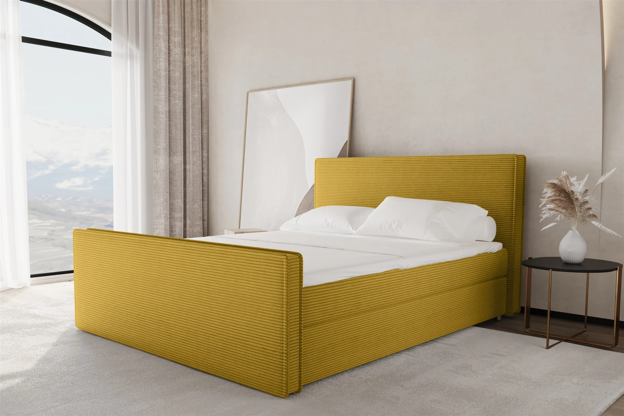 Boxspringbett Schlafzimmerbett CELES 120x200cm Stoff Poso Senfgelb - Fun Möbel