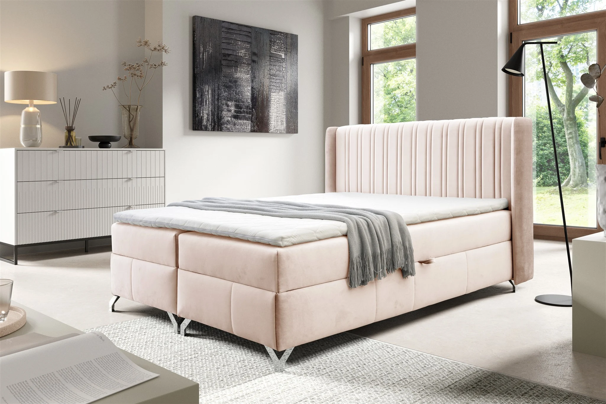 Boxspringbett Schlafzimmerbett DAMIEN 120x200cm Stoff Salvador Creme - Fun Möbel