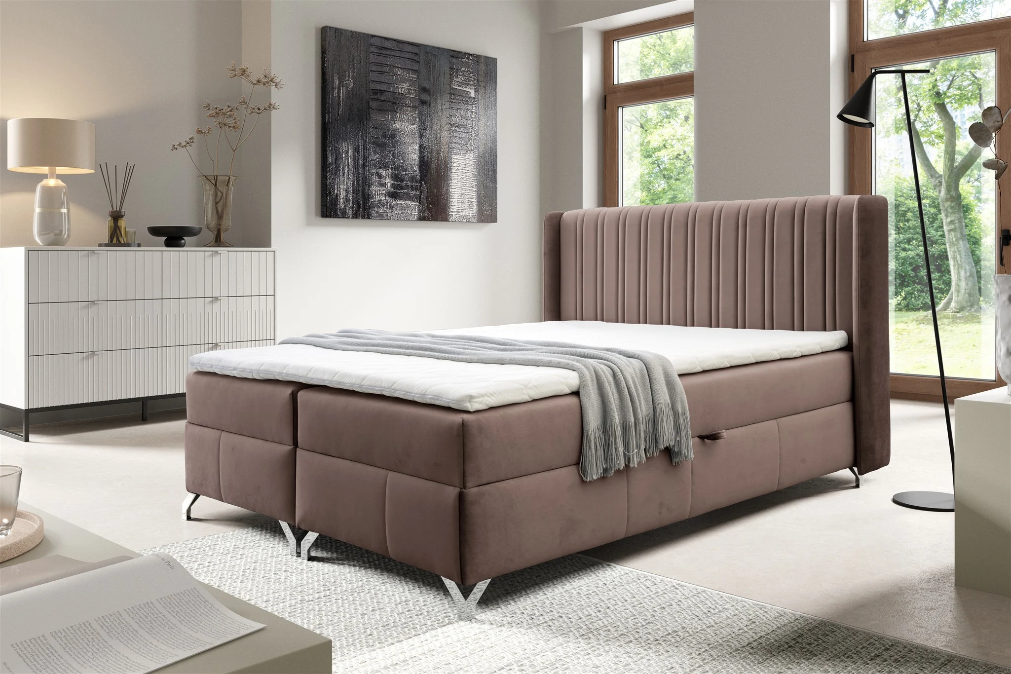 Boxspringbett Schlafzimmerbett DAMIEN 120x200cm Stoff Salvador Schokobraun - Fun Möbel