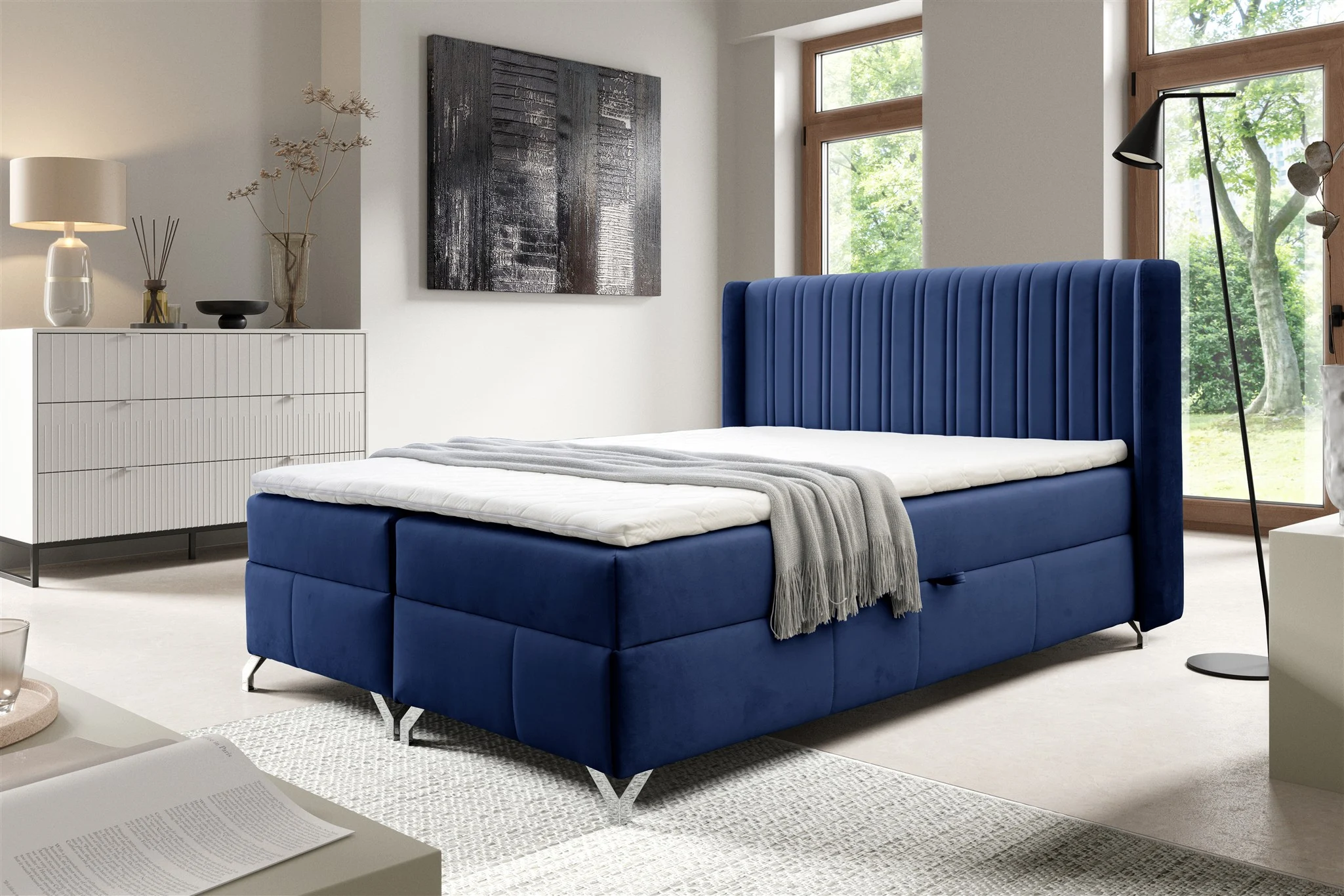 Boxspringbett Schlafzimmerbett DAMIEN 140x200cm Stoff Salvador Blau - Fun Möbel