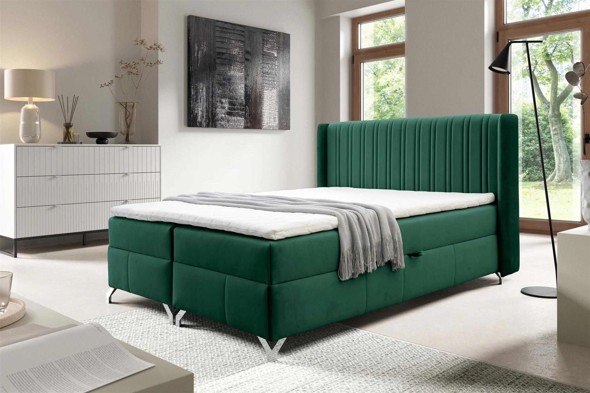 Boxspringbett Schlafzimmerbett DAMIEN 120x200cm Stoff Salvador Flaschengrün - Fun Möbel
