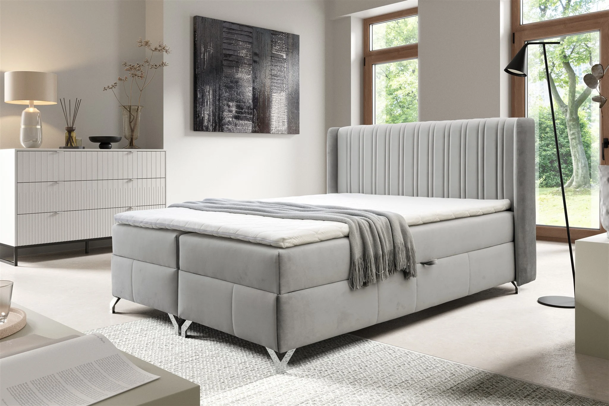 Boxspringbett Schlafzimmerbett DAMIEN 120x200cm Stoff Salvador Hellgrau - Fun Möbel