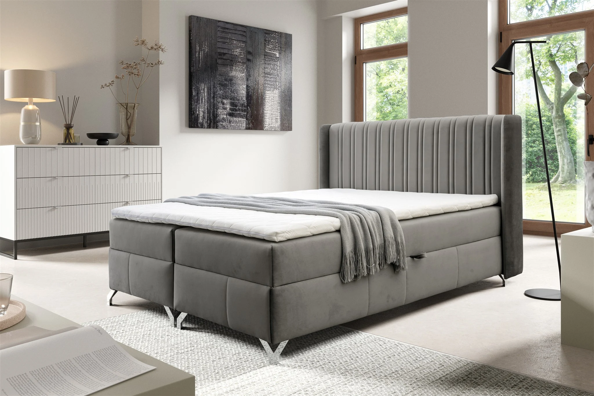 Boxspringbett Schlafzimmerbett DAMIEN 180x200cm Stoff Salvador Dunkelgrau - Fun Möbel