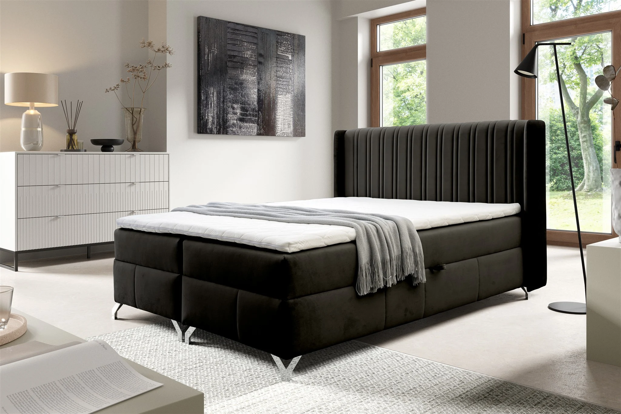 Boxspringbett Schlafzimmerbett DAMIEN 200x200cm Stoff Salvador Schwarz - Fun Möbel