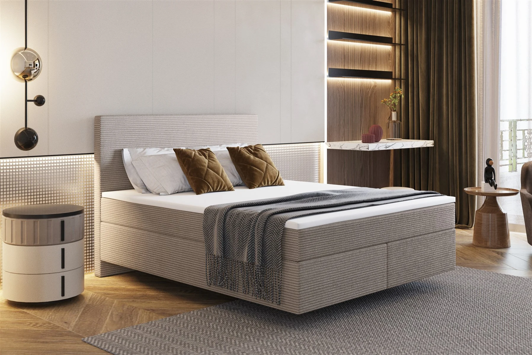Boxspringbett Schlafzimmerbett DEVIL Premium 160x200cm in Stoff Scala Braungrau - Fun Moebel