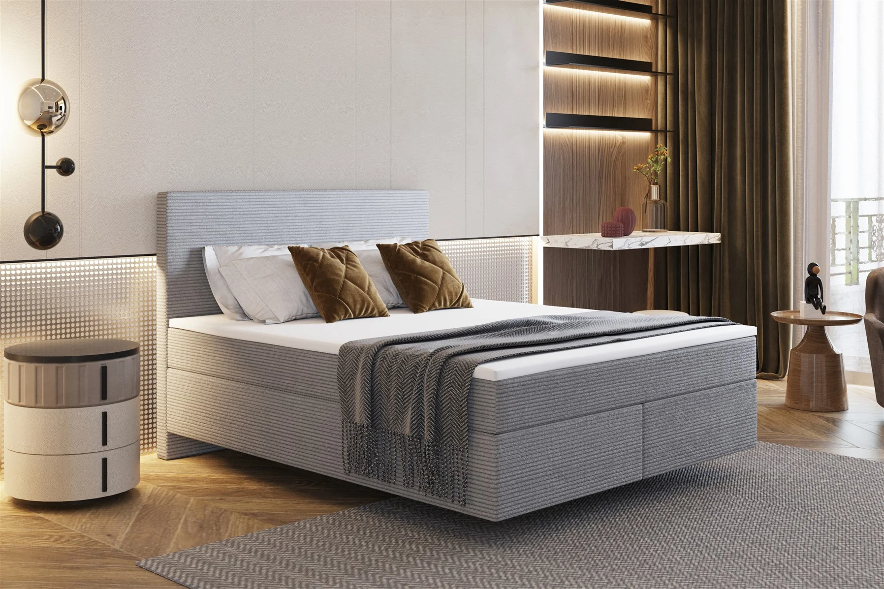 Boxspringbett Schlafzimmerbett DEVIL Premium 120x200cm in Stoff Scala Hellgrau - Fun Moebel