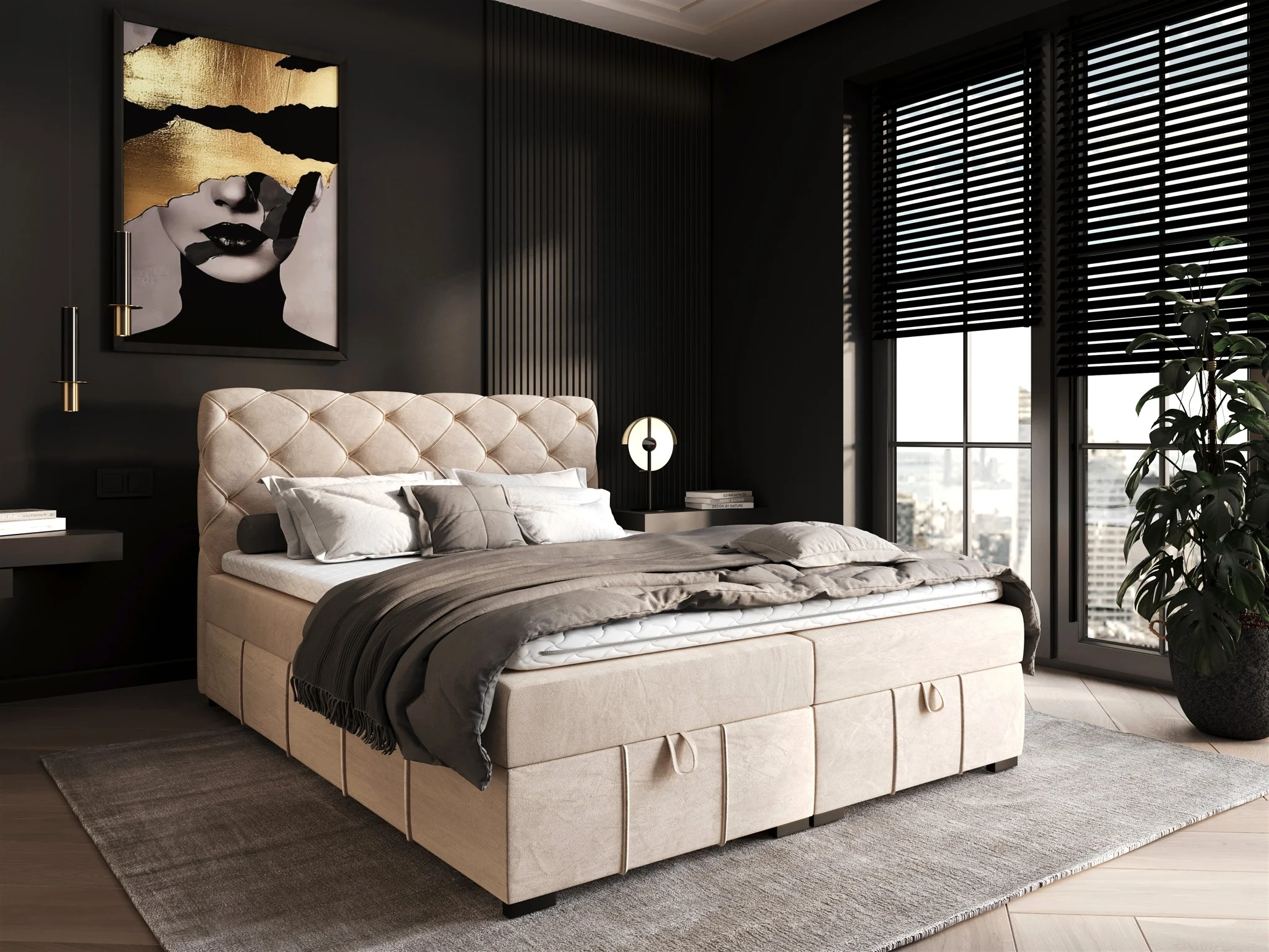 Boxspringbett Schlafzimmerbett GISEL 140x200cm Stoff Salvador Creme - Fun Möbel