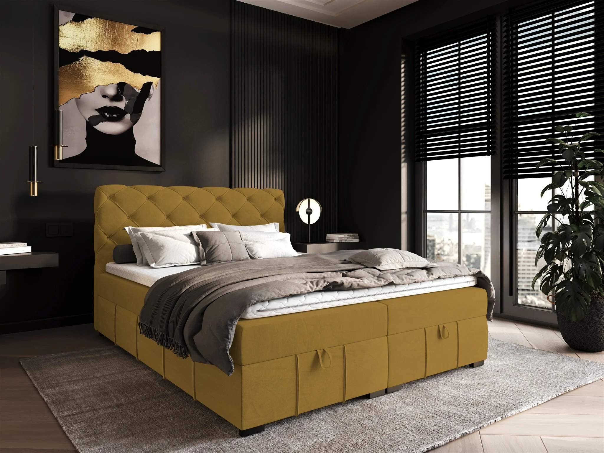 Boxspringbett Schlafzimmerbett GISEL 180x200cm Stoff Salvador Honiggelb - Fun Möbel