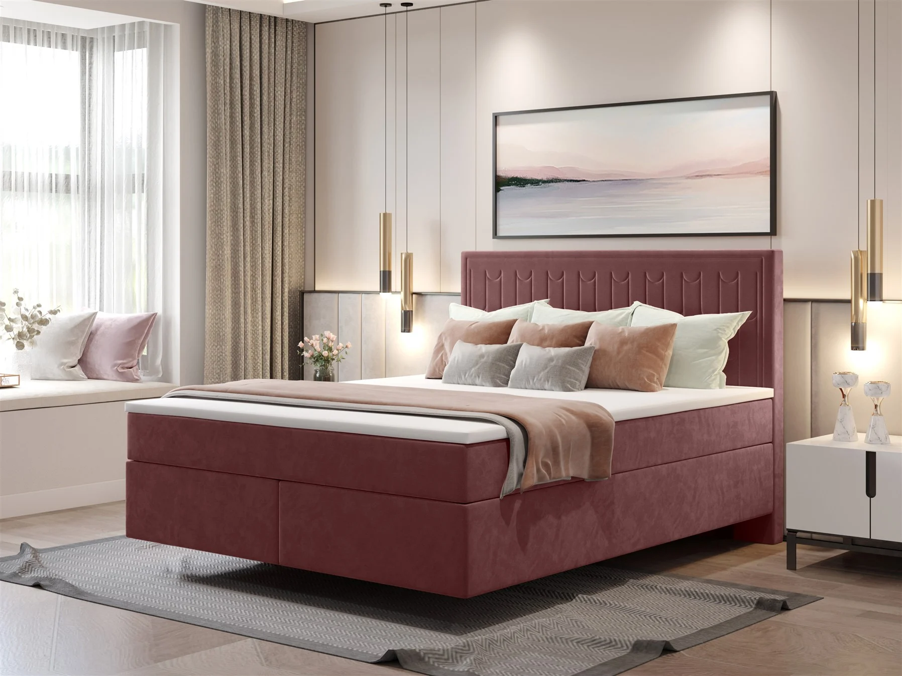 Boxspringbett Schlafzimmerbett ROCIO Nr.1 Delux 140x200cm in Stoff Bordeauxrot - Fun Moebel