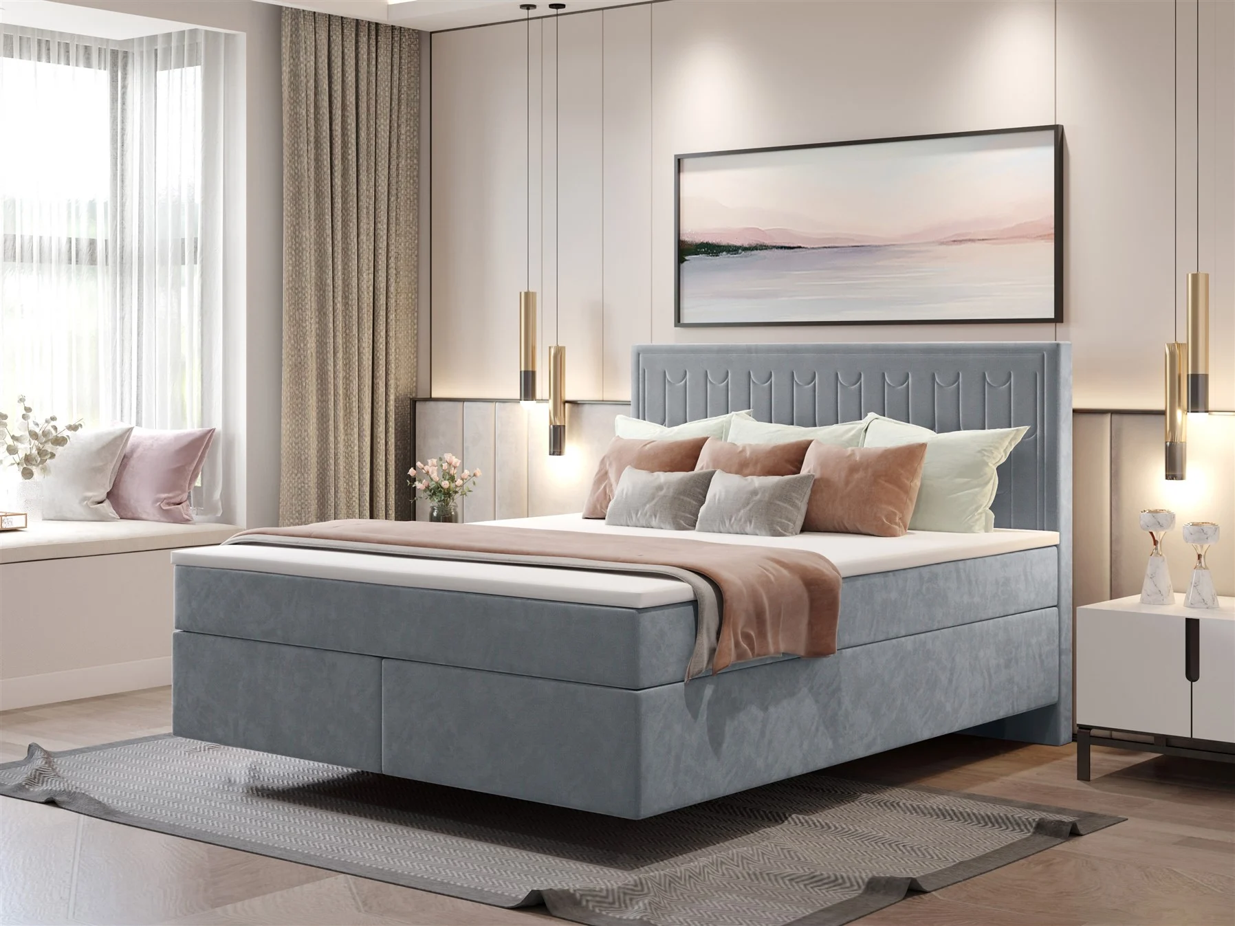 Boxspringbett Schlafzimmerbett ROCIO Nr.1 Delux 140x200cm in Stoff Graublau - Fun Moebel