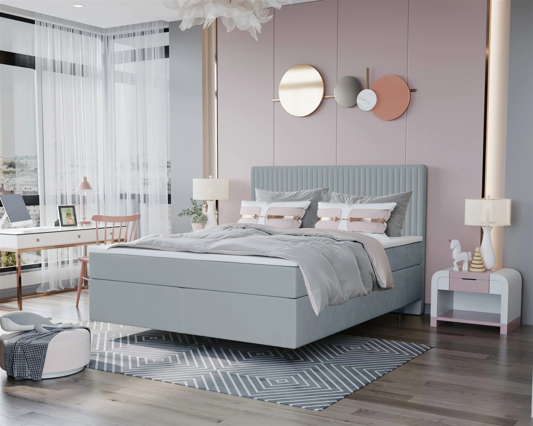 Boxspringbett Schlafzimmerbett ROCIO Nr.2 Delux 140x200cm in Stoff Hellgrau - Fun Moebel