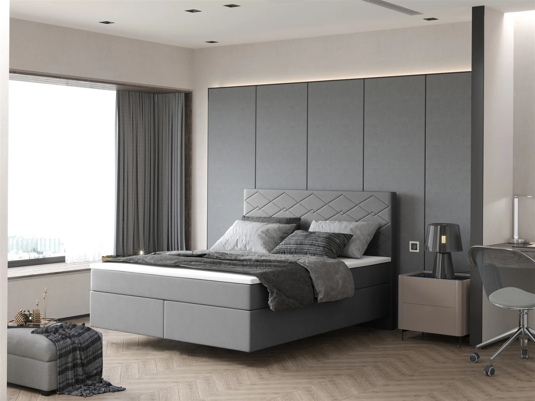 Boxspringbett Schlafzimmerbett ROCIO Nr.3 Delux 140x200cm in Stoff Grau - Fun Moebel