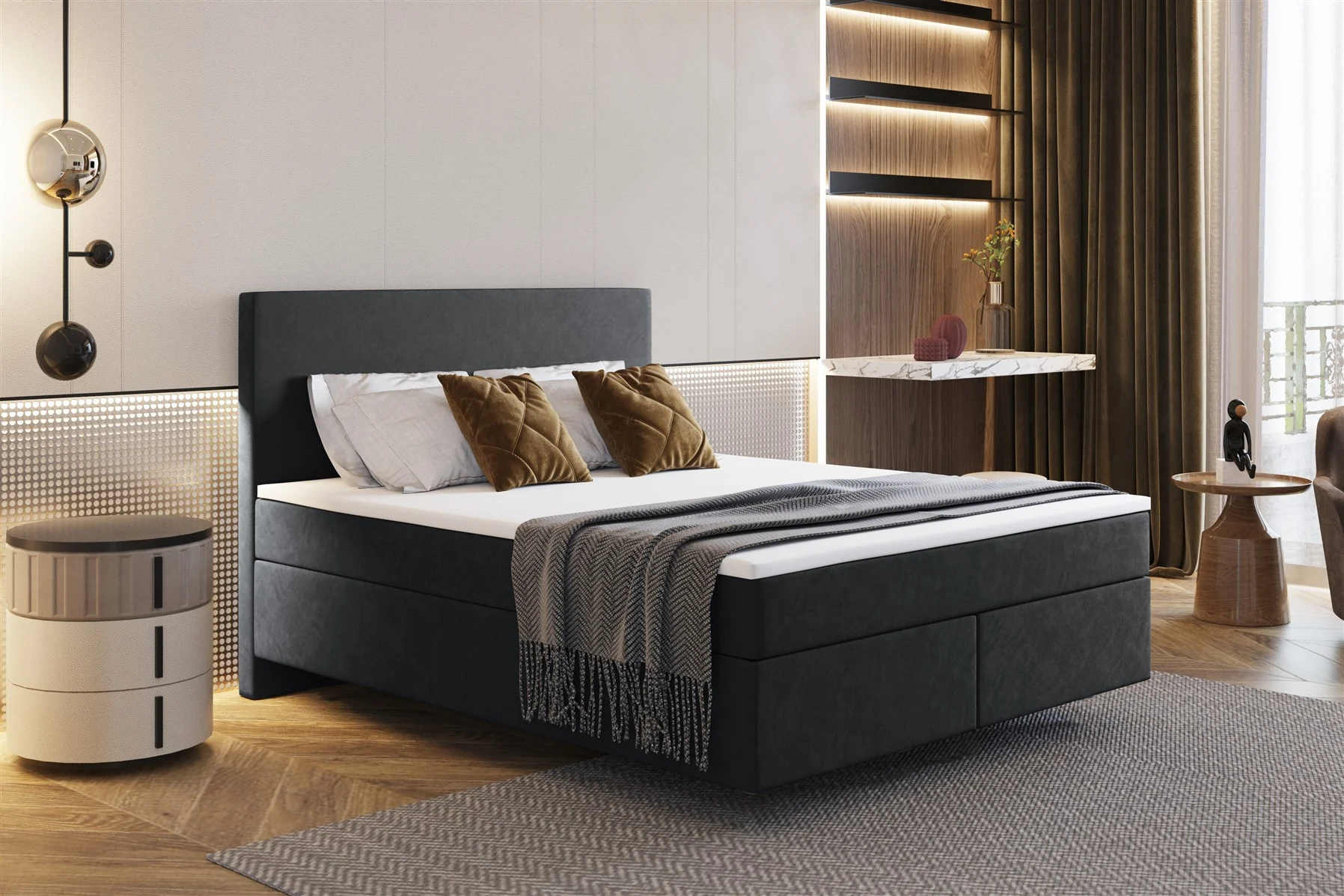 Boxspringbett Schlafzimmerbett ROCIO Nr.5 Delux 120x200cm in Stoff Schwarz - Fun Moebel