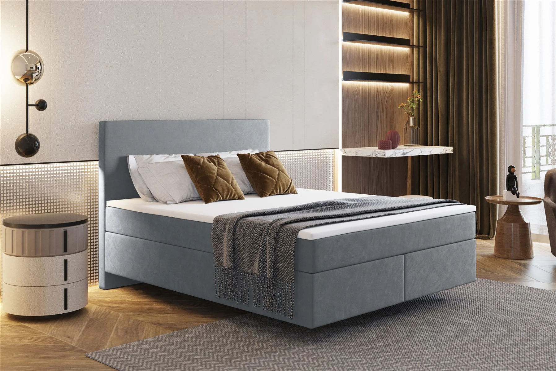 Boxspringbett Schlafzimmerbett ROCIO Nr.5 Delux 140x200cm in Stoff Grau - Fun Moebel