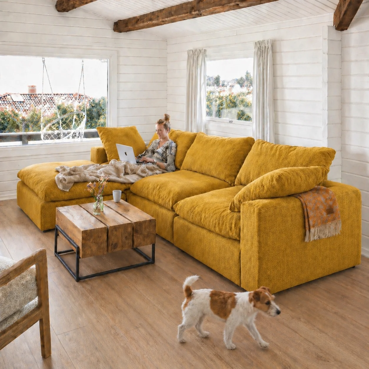 Lazy Modulsofa 3 Sitzer mit Chaiselongue Links, Stoff Terranova Senf - FASMAS