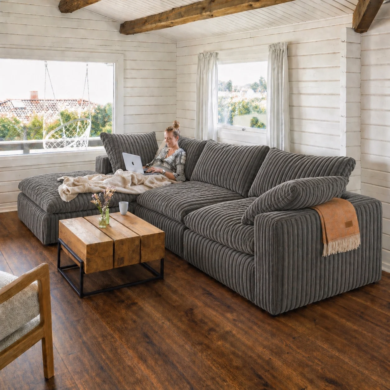 Lazy Modulsofa 3 Sitzer mit Chaiselongue Links, Stoff Mega Gun Metal - FASMAS