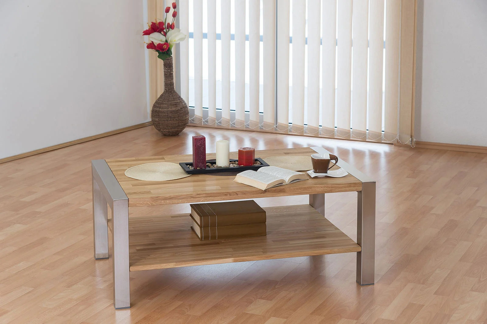 Couchtisch LEON Massivholz Wildeiche mit Edelstahlkufen Größe 110x70 - Fun Möbel