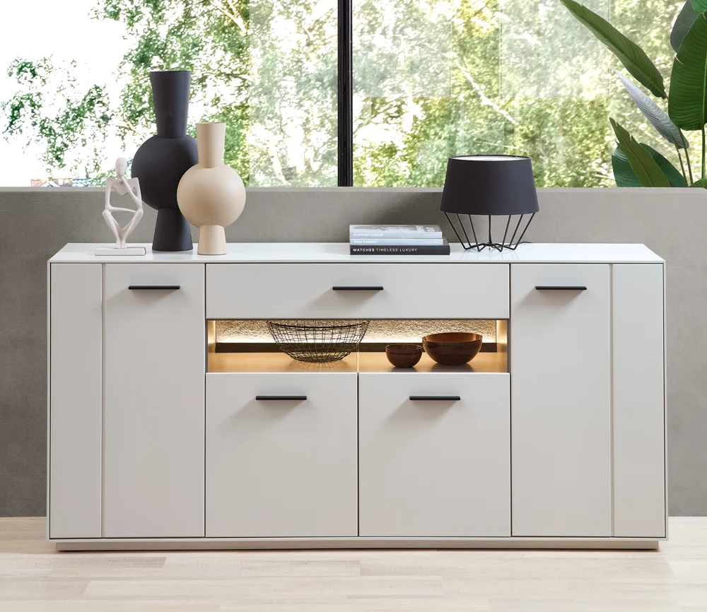 Wohn-Concept Como Sideboard Holzwerkstoff/Granit Steinfurnier Sahara Creme lackiert