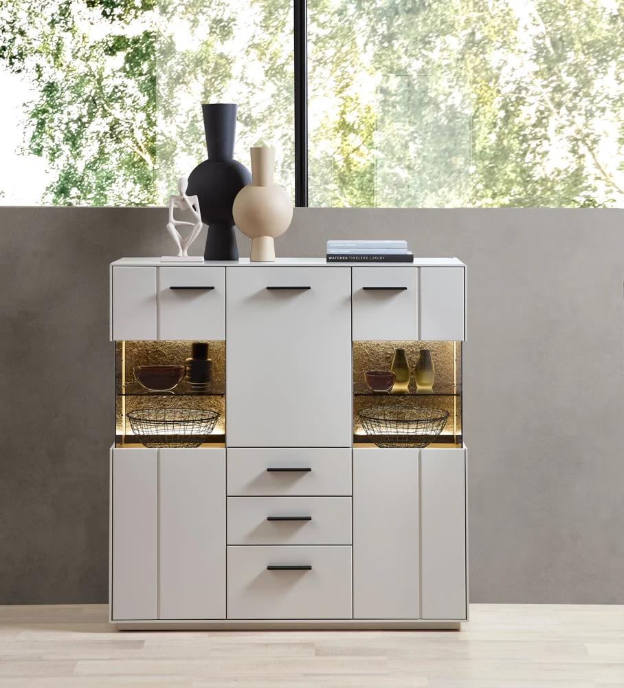 Wohn-Concept Como Highboard Holzwerkstoff/Granit Steinfurnier Sahara Creme lackiert