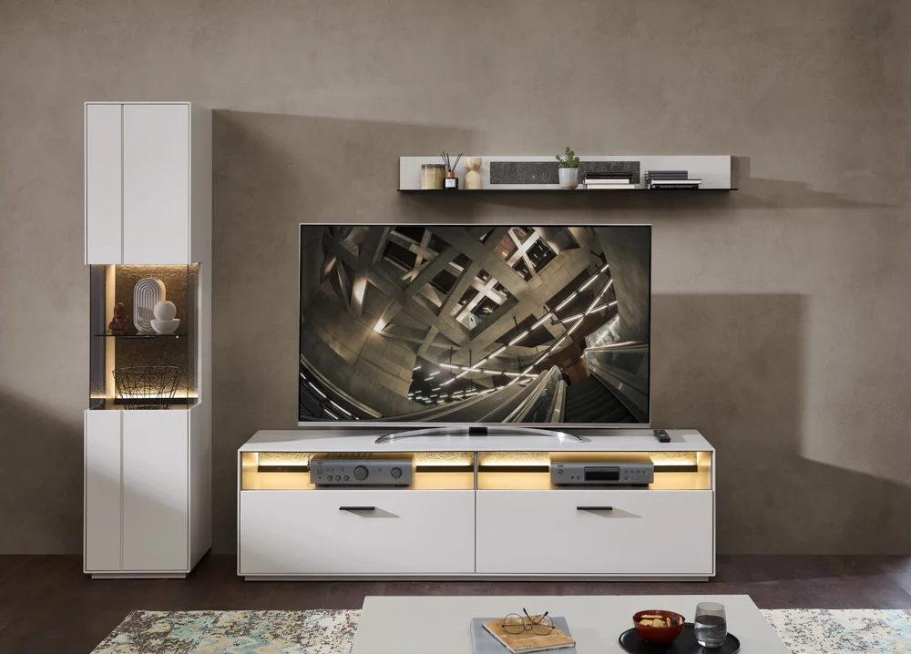 Wohn-Concept Como TV-/Wohnwand Holzwerkstoff/Granit Steinfurnier Sahara Creme lackiert