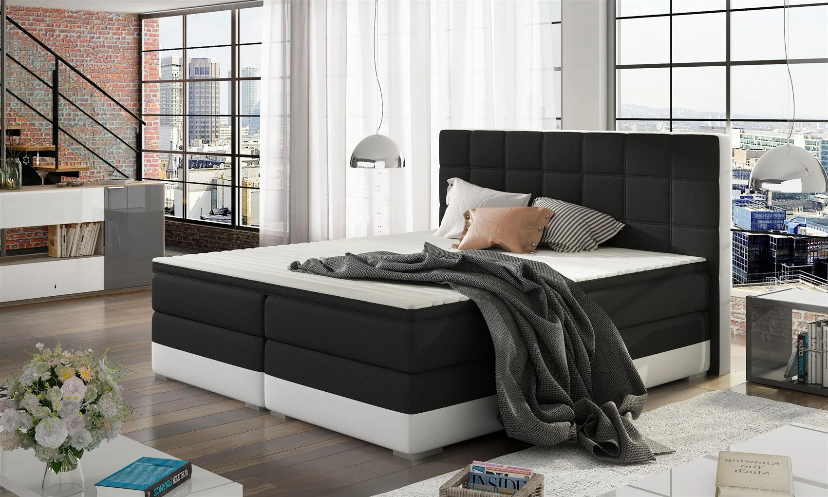 Boxspringbett Bett PRATO Webstoff Schwarz/ Kunstleder Weiß 160x200cm - Fun Moebel