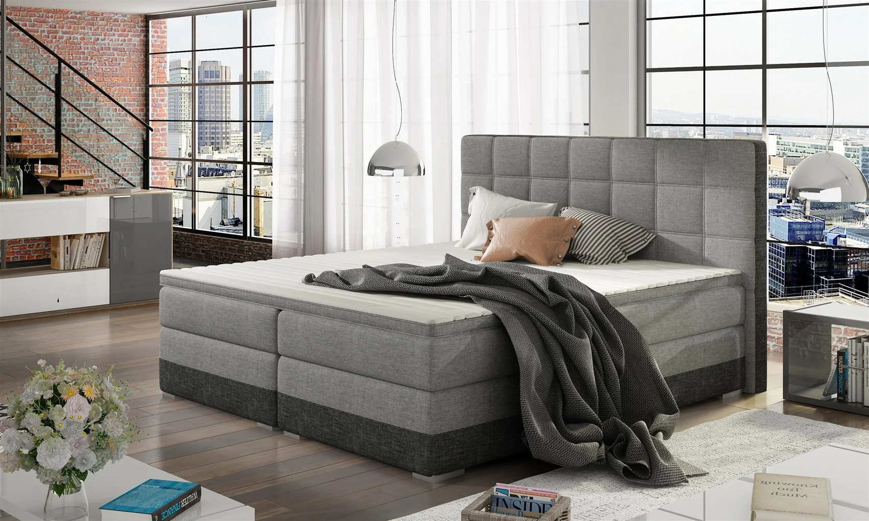 Boxspringbett Bett PRATO Webstoff Hellgrau/ Dunkelgrau 160x200cm - Fun Moebel