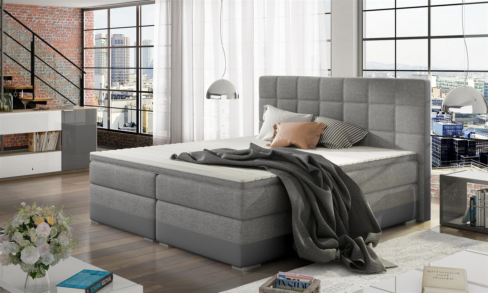 Boxspringbett PRATO Webstoff Hellgrau/ Kunstleder Hellgrau 180x200cm - Fun Moebel