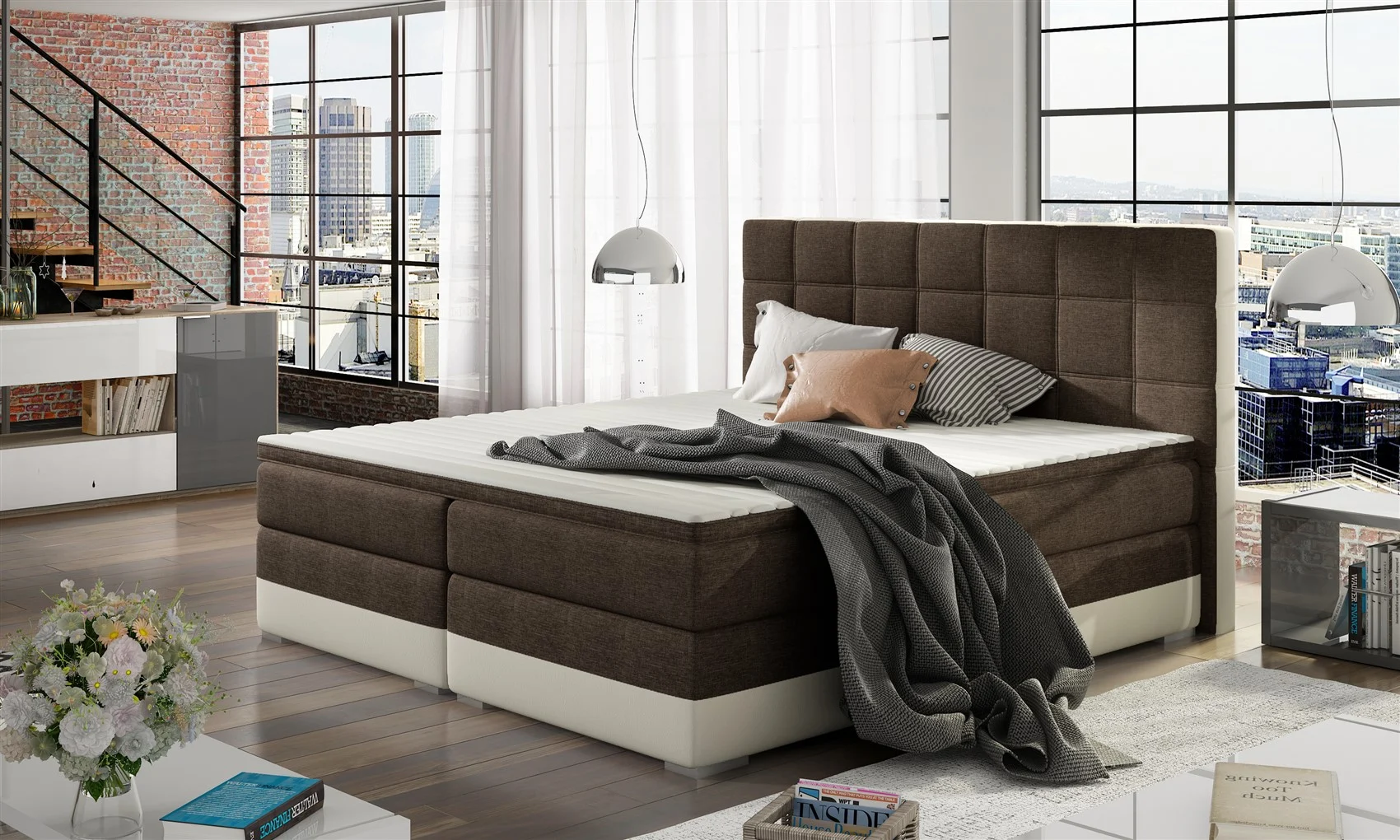 Boxspringbett PRATO Webstoff Dunkelbraun/ Kunstleder Weiß 160x200cm - Fun Moebel