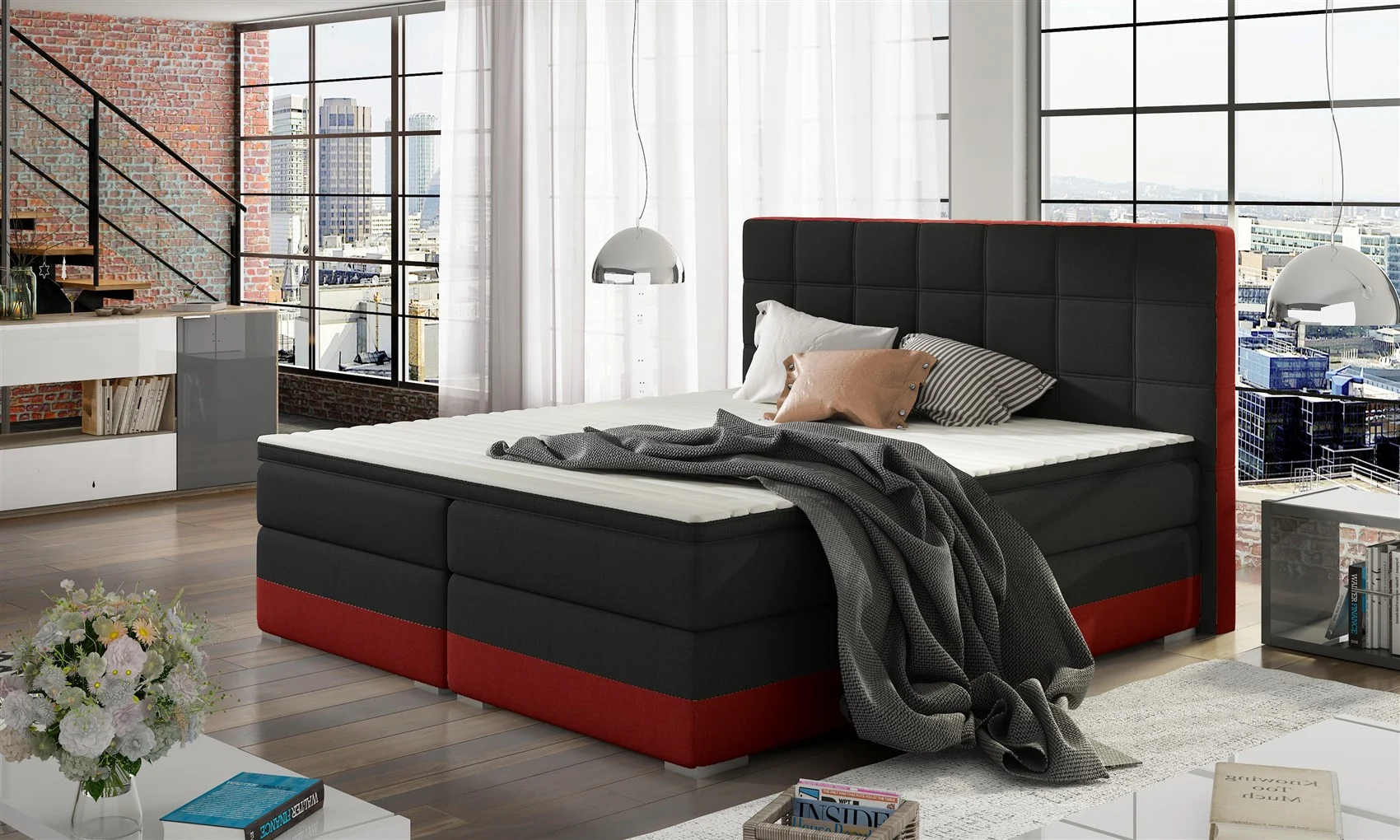 Boxspringbett Bett PRATO Webstoff Schwarz/ Rot 160x200cm - Fun Moebel