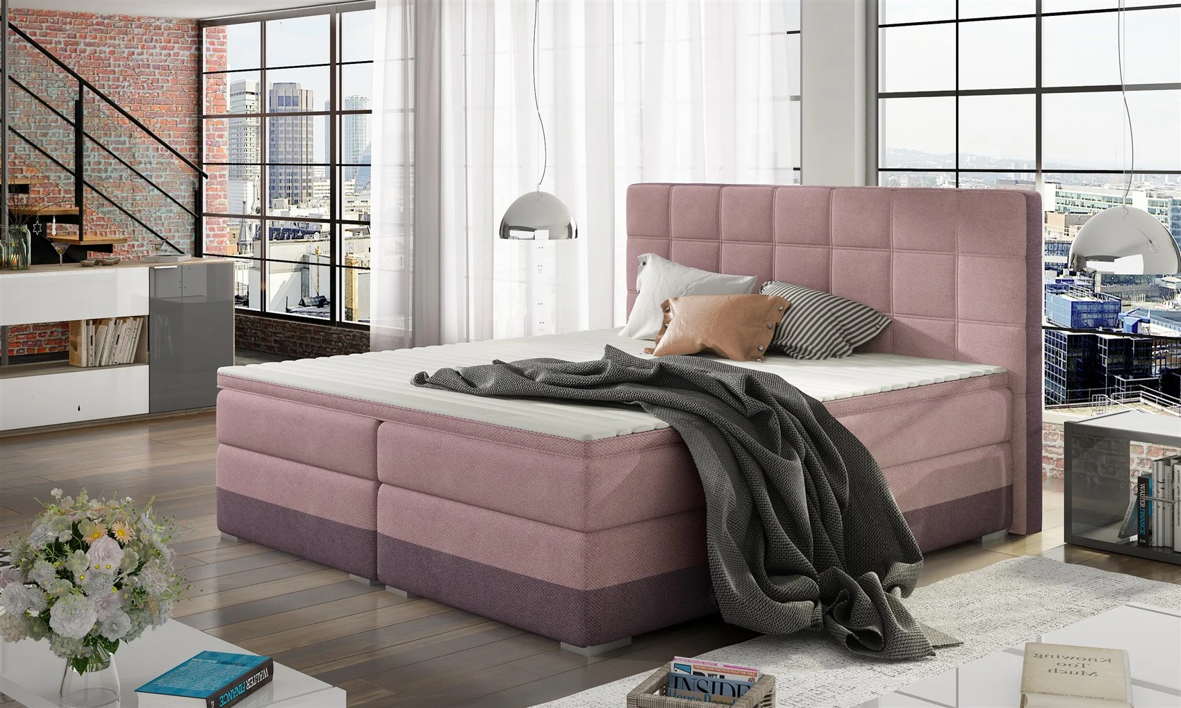 Boxspringbett Bett PRATO Webstoff Violett/ Rosa 180x200cm - Fun Moebel