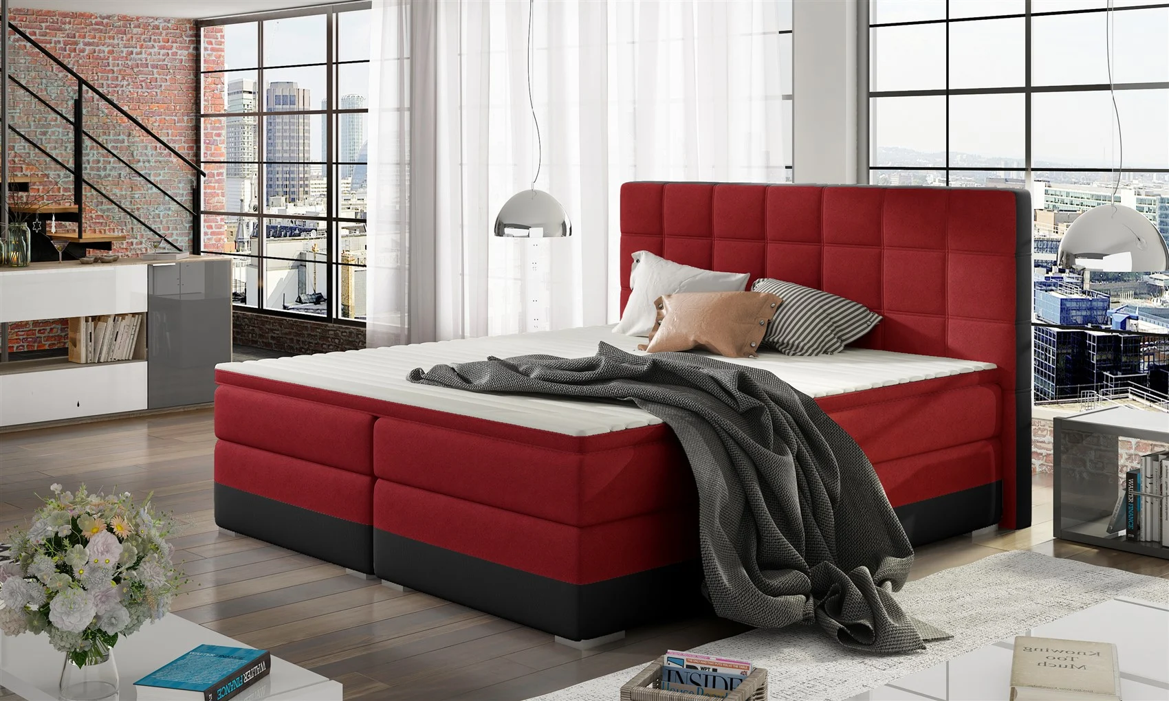 Boxspringbett PRATO Webstoff Rot/ Kunstleder Schwarz 160x200cm - Fun Moebel