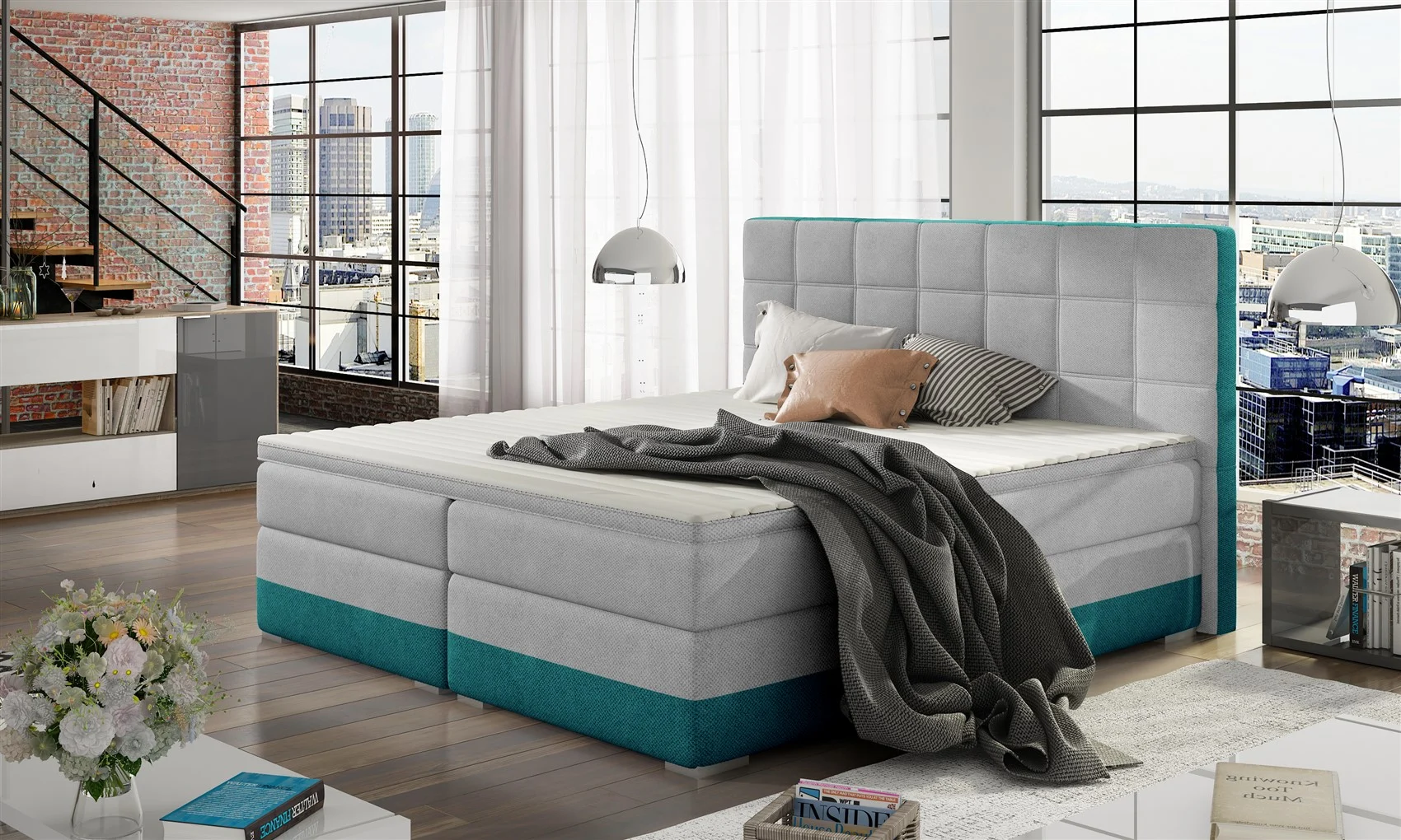 Boxspringbett Bett PRATO Polyesterstoff Hellgrau/ Türkis 160x200cm - Fun Moebel